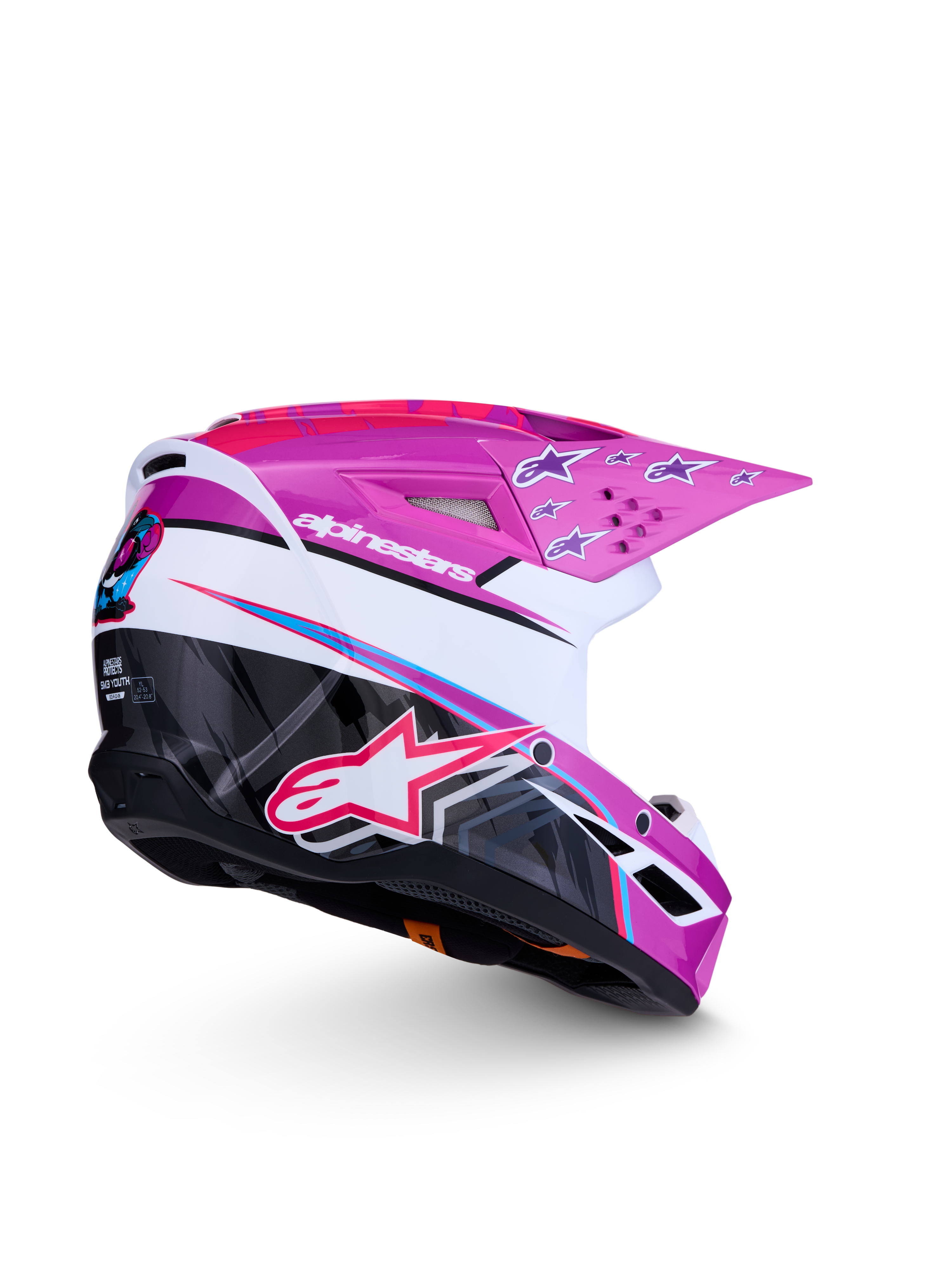 Alpinestars SM3 Youth Falcon Helmet ECE06, purple and white youth motocross helmet with glossy pink graphics, ECE certified.