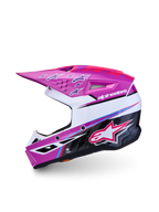 Alpinestars S-M3 Youth Falcon ECE 22.06, purple and white youth motocross helmet with pink fluo accents and lightweight shell.