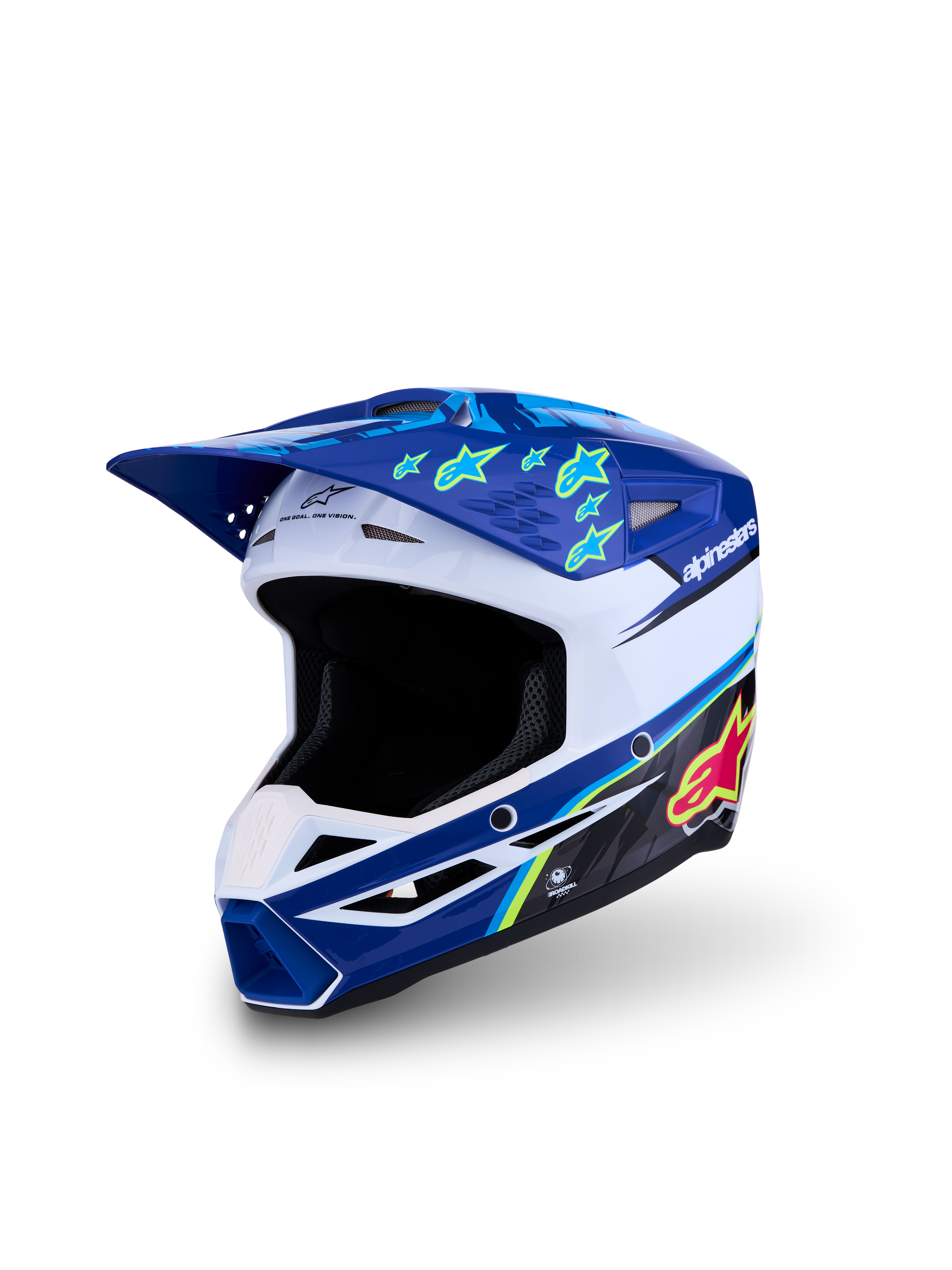 Alpinestars S-M3 Youth Falcon Helmet, blue and white youth motocross helmet with pink accents, ECE 22.06 certified.