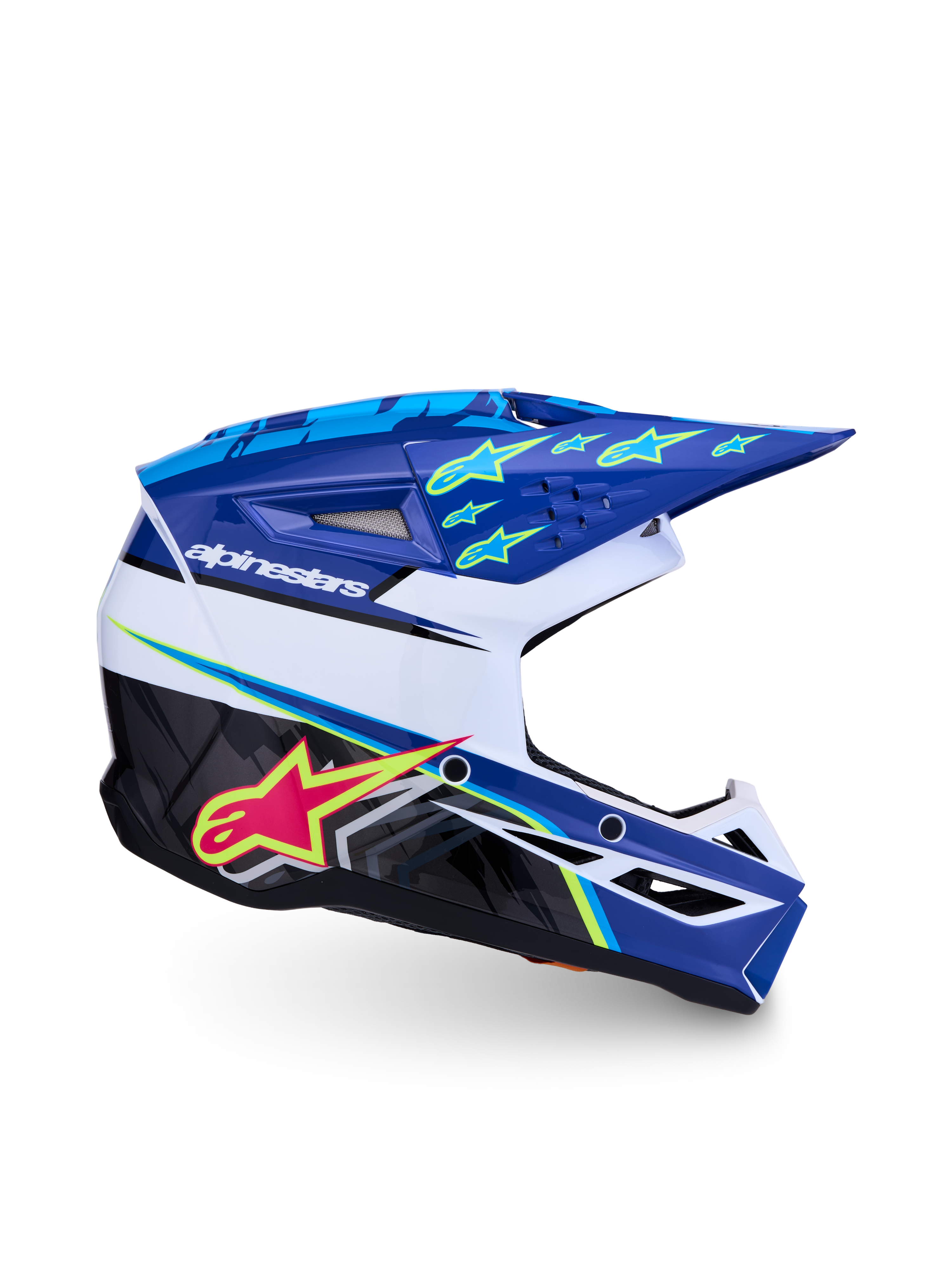 Alpinestars S-M3 Youth Falcon Motocross Helmet in blue and white with pink and fluo yellow accents, ECE 22.06 certified.