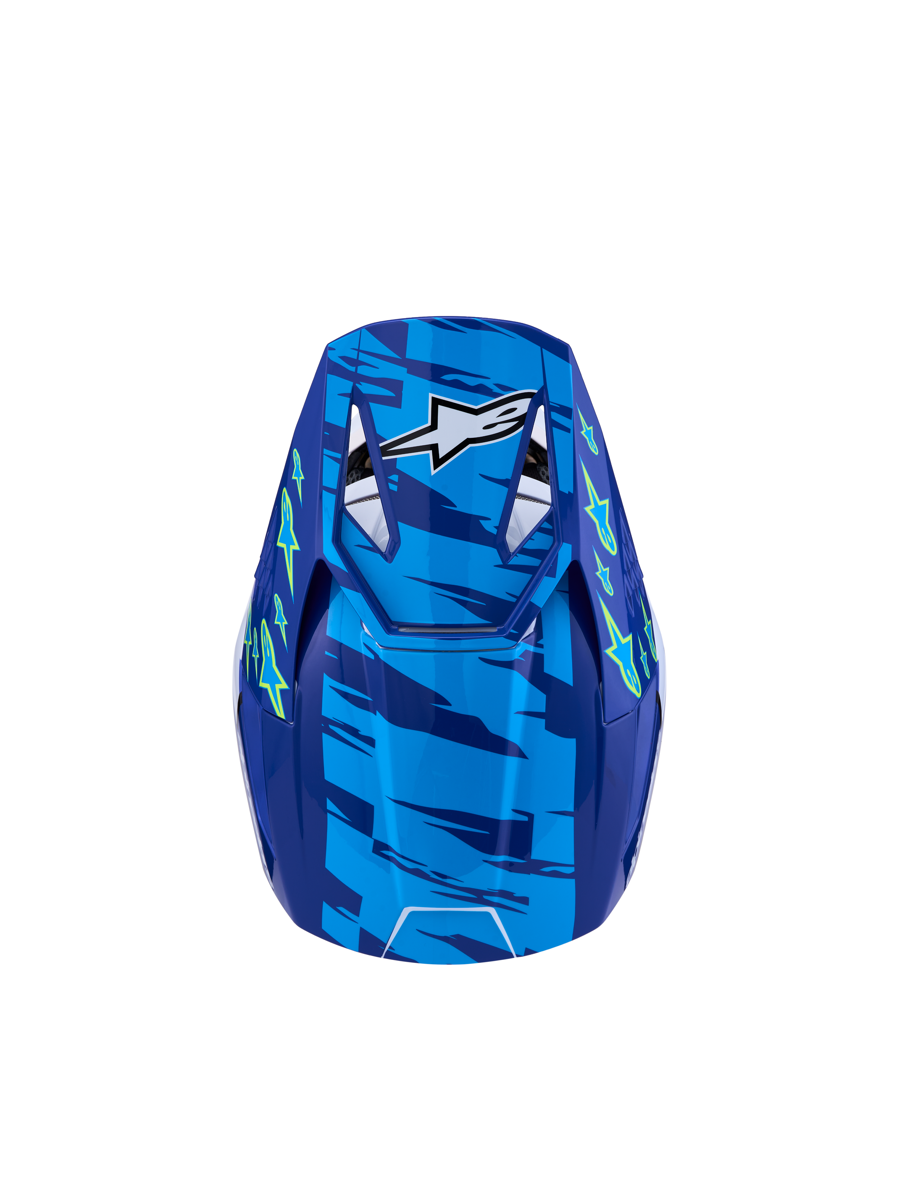 Alpinestars S-M3 Youth Falcon Helmet, blue and fluo yellow motocross gear, top view, ECE 22.06 certified.
