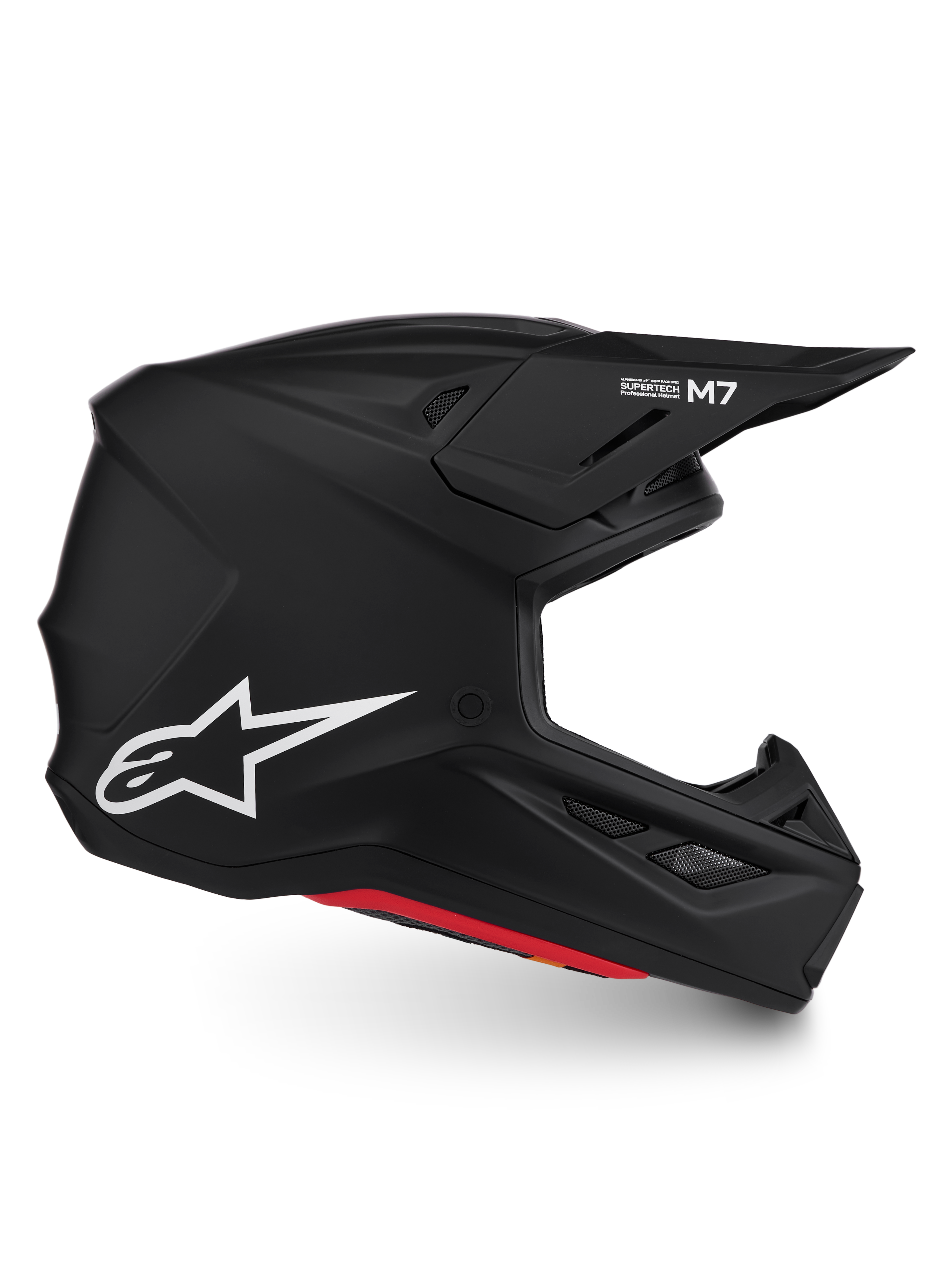 Alpinestars S-M7 Solid Helmet ECE06, Matte Black motocross helmet, streamlined composite shell, white Astar logo, ECE 22.06.