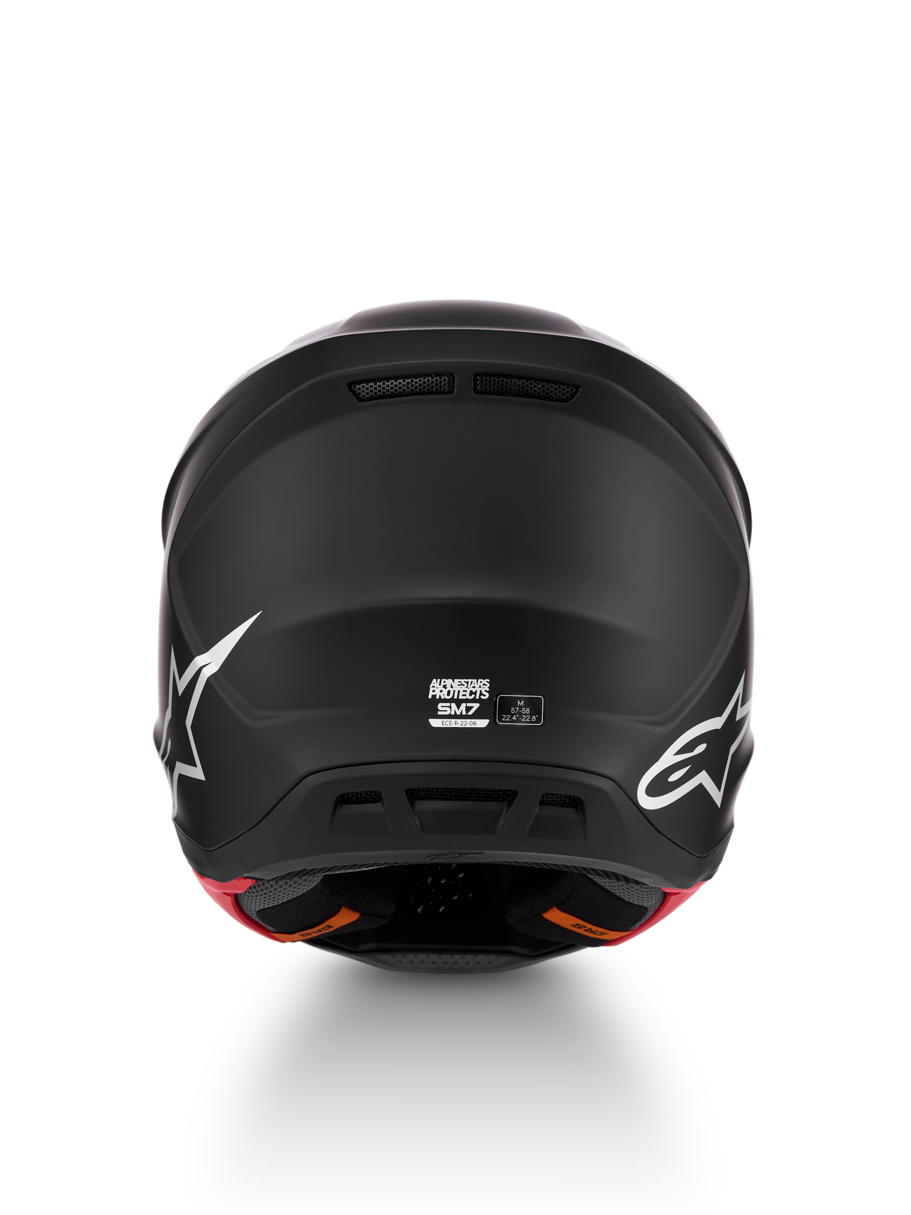 Alpinestars S-M7 Solid Helmet ECE06, Rear View, Matte Black Motocross Helmet, Size M, ECE 22.06 Certified.