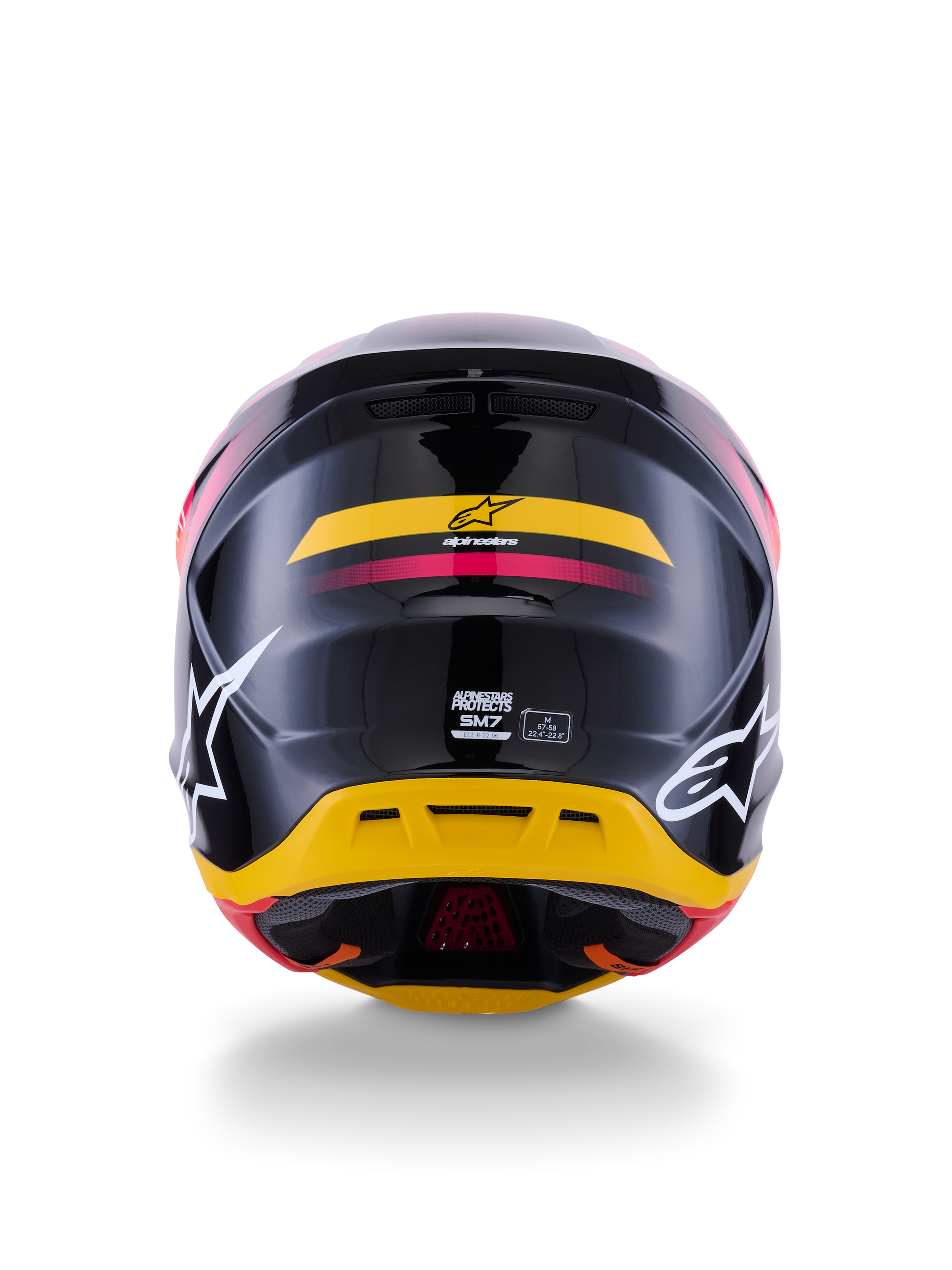 Alpinestars S-M7 Rise Helmet ECE 22.06, Motocross Helmet, Rear View, Glossy Black with Yellow and Pink accents, large white logos on sides, aerodynamic composite shell, off-road racing gear