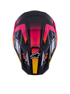 Alpinestars S-M7 Rise Helmet ECE 22.06, Motocross Helmet, Black Pink and Yellow Glossy, top-down view showing aerodynamic composite shell, vibrant gradient design, ventilation ports, and white Alpinestars logo on the front