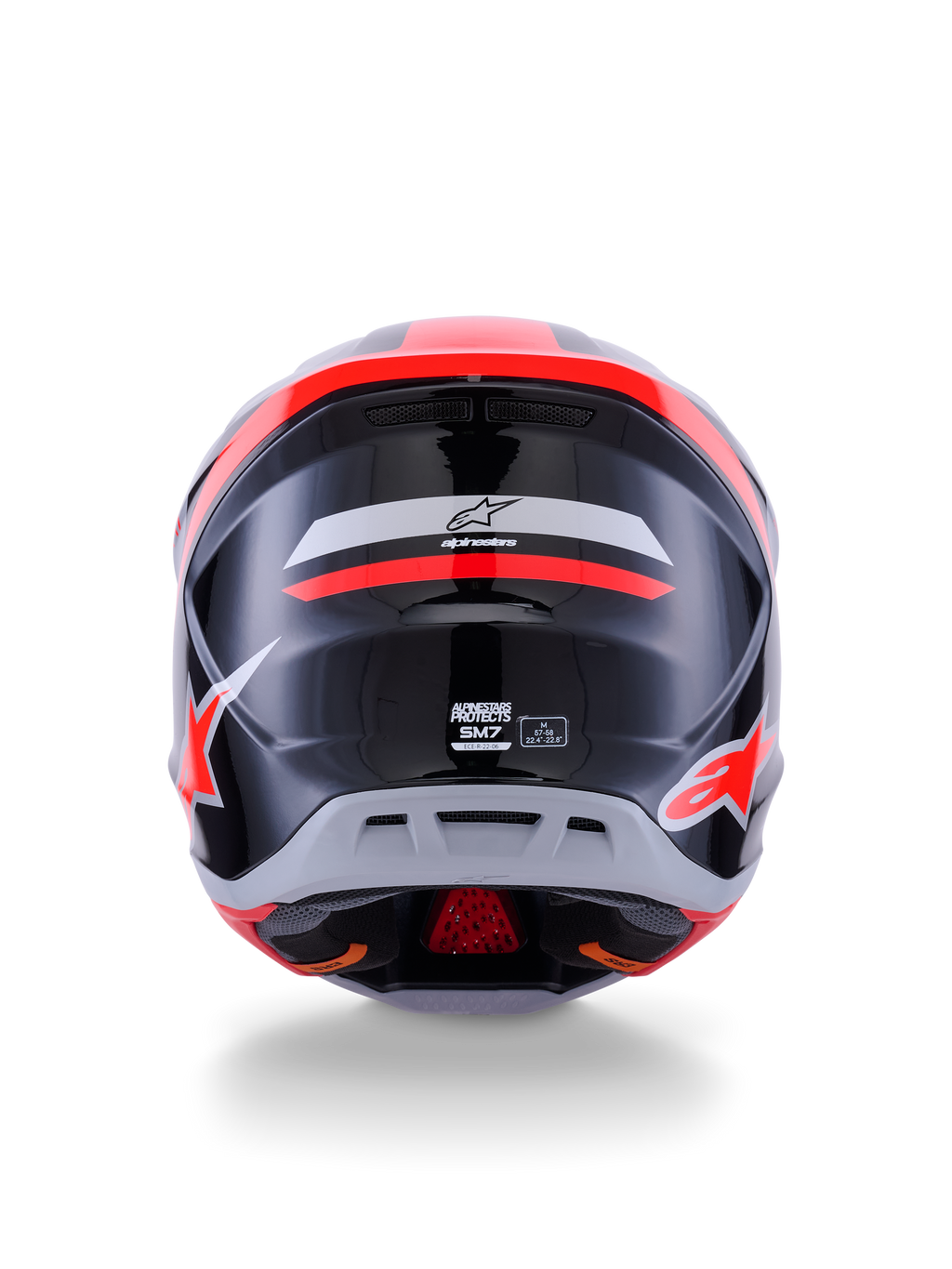 Alpinestars S-M7 Rise Helmet ECE 22.06, Motocross Helmet, Rear View, Black Silver and Red Fluo Glossy, featuring Alpinestars logo and S-M7 branding, glossy finish with aerodynamic shell and ventilation details
