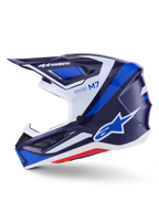 Alpinestars S-M7 Rise Helmet, Motocross Helmet, Blue White and Navy Glossy, side profile view featuring Alpinestars branding on the visor and side, M7 and Supertech text, aerodynamic shell with ventilation ports, glossy finish for off-road performance.
