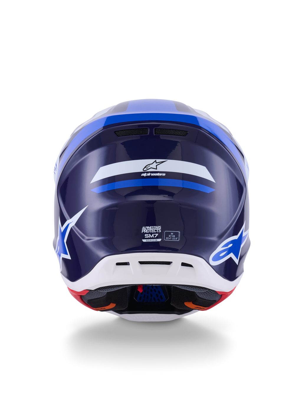 Alpinestars S-M7 Rise Helmet, Back View, Blue and White Glossy, featuring Alpinestars logo and SM7 branding, aerodynamic composite shell with white lower section and ventilation ports, high-performance motocross head protection