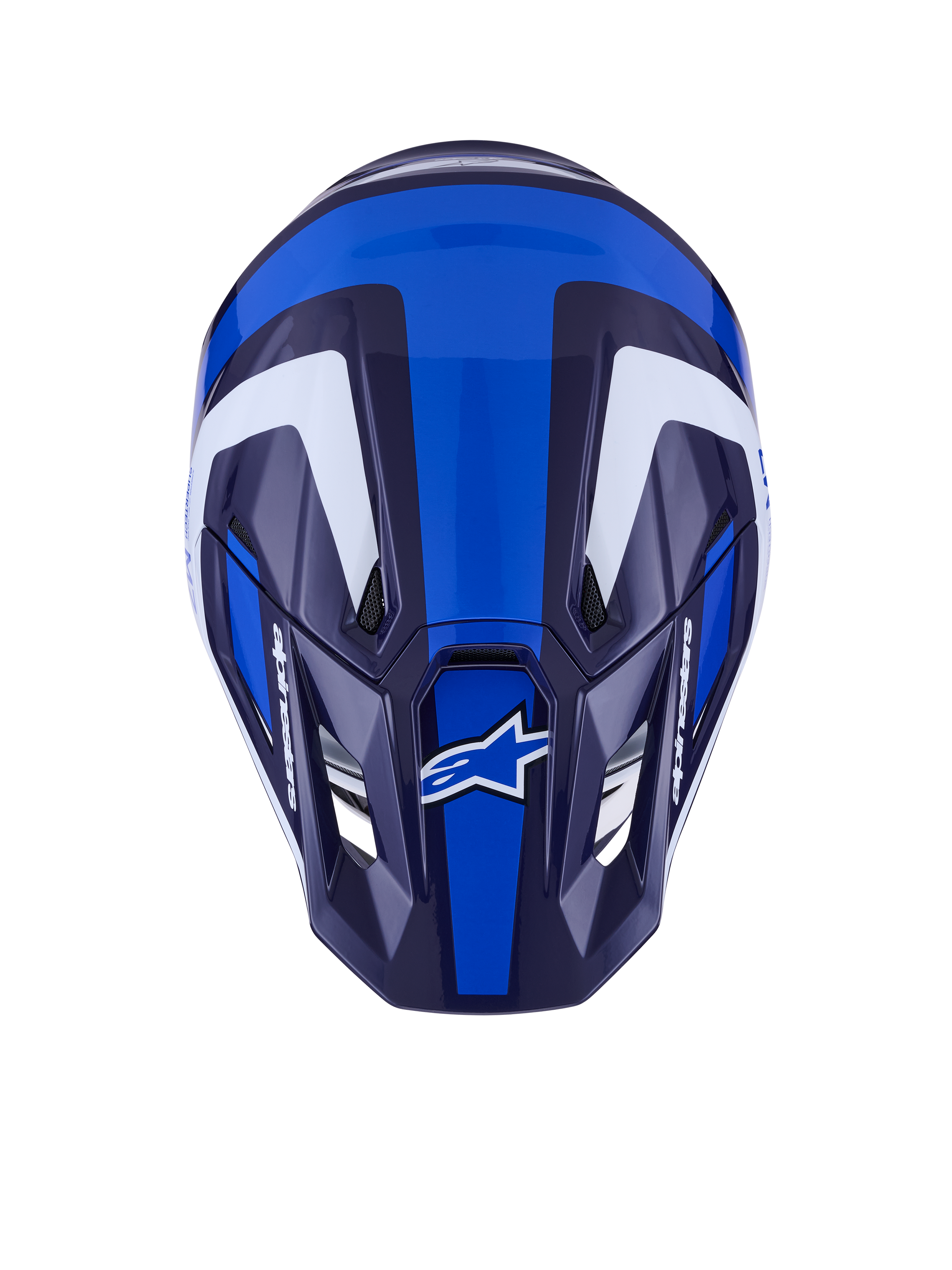 Alpinestars S-M7 Rise Helmet, Motocross Helmet, Blue White Glossy, top-down view showing aerodynamic shell and ventilation ports, featuring white and dark blue angular graphics with bold branding