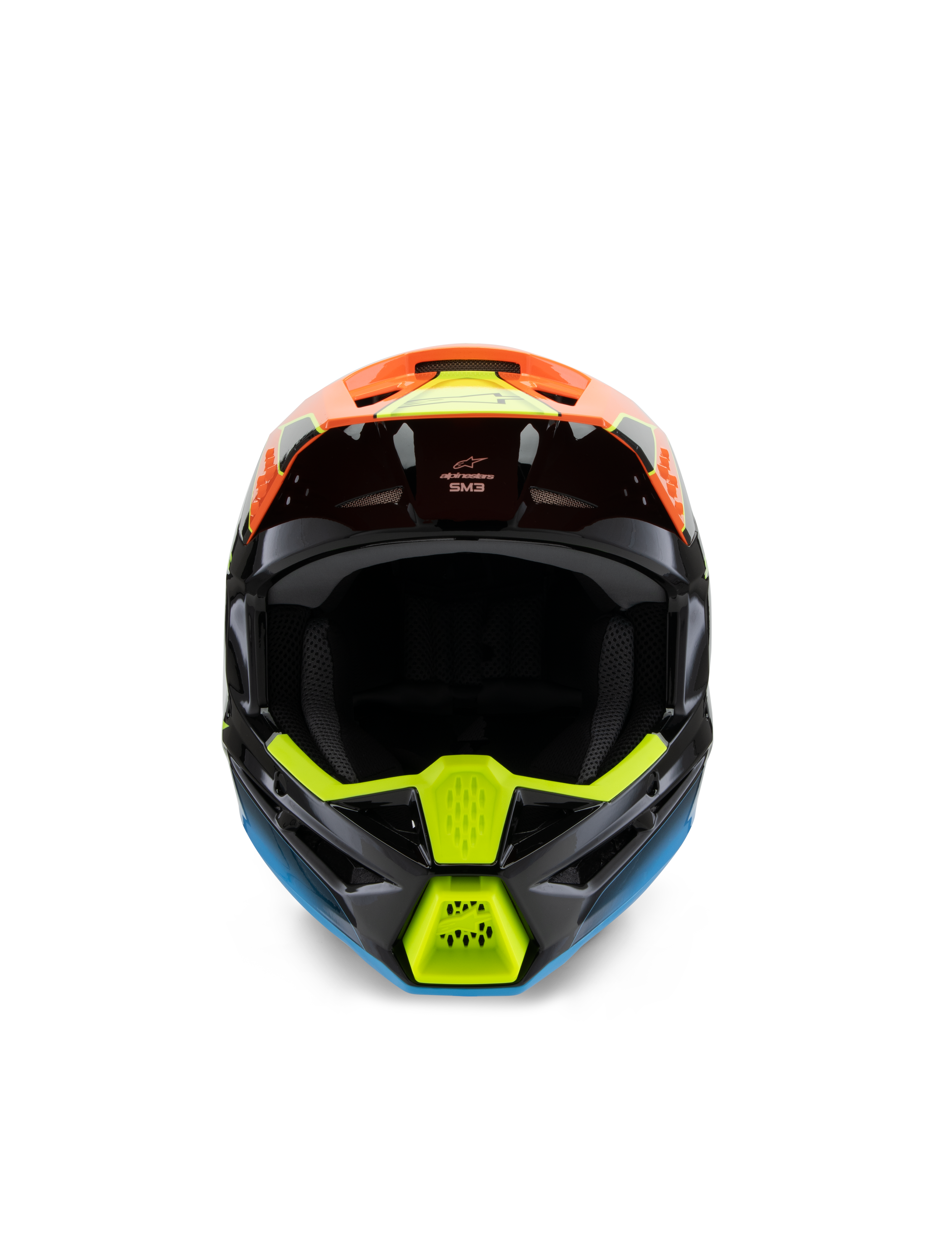 Alpinestars S-M3 Youth Fray Helmet, Front view of a black motocross helmet featuring vibrant orange, yellow fluo, and blue graphics, designed for youth off-road racing