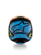 Alpinestars S-M3 Youth Fray Helmet, Motocross Helmet, Black with Orange and Fluorescent Yellow accents and a large Blue graphic on the back, rear view showing ventilation ports and ECE 22.06 certification label, designed for youth off-road performance.