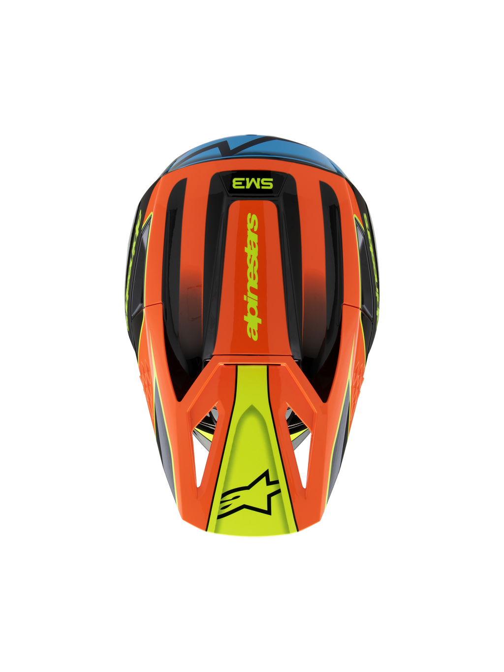 Alpinestars S-M3 Youth Fray Helmet, Top View, Orange Black and Yellow with Blue accents, featuring 'alpinestars' branding and star logo on the visor, sleek aerodynamic design for youth motocross and off-road riding