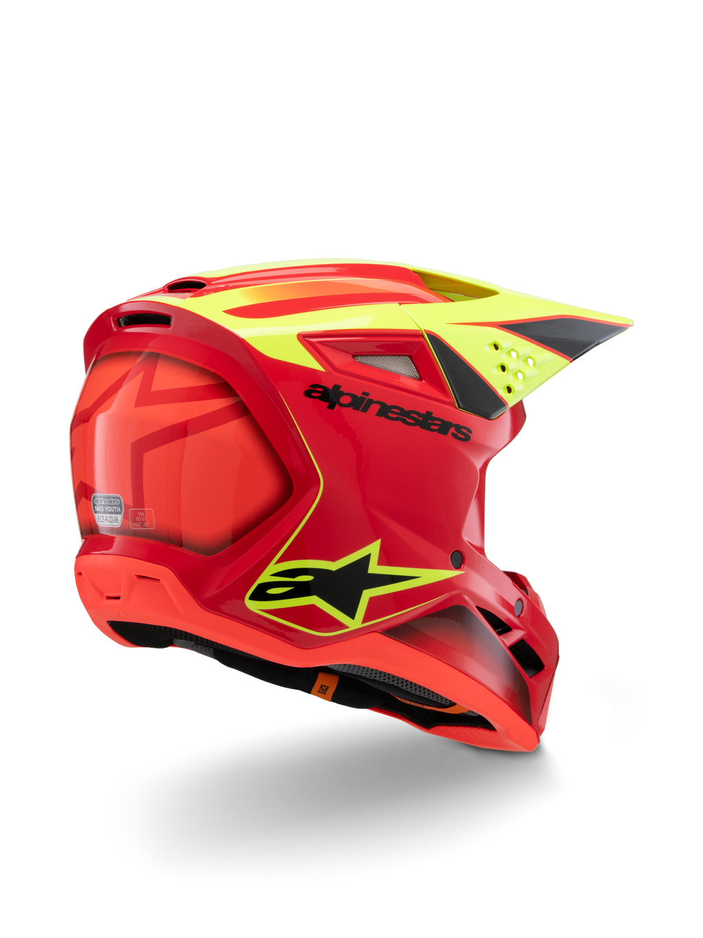 Alpinestars S-M3 Youth Fray Helmet, Red and Yellow Fluo Glossy, rear three-quarter view, featuring bold black logos and aerodynamic vents, high-visibility youth motocross helmet