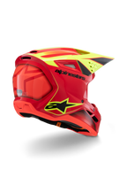 Alpinestars S-M3 Youth Fray Helmet, Red and Yellow Fluo Glossy, rear three-quarter view, featuring bold black logos and aerodynamic vents, high-visibility youth motocross helmet