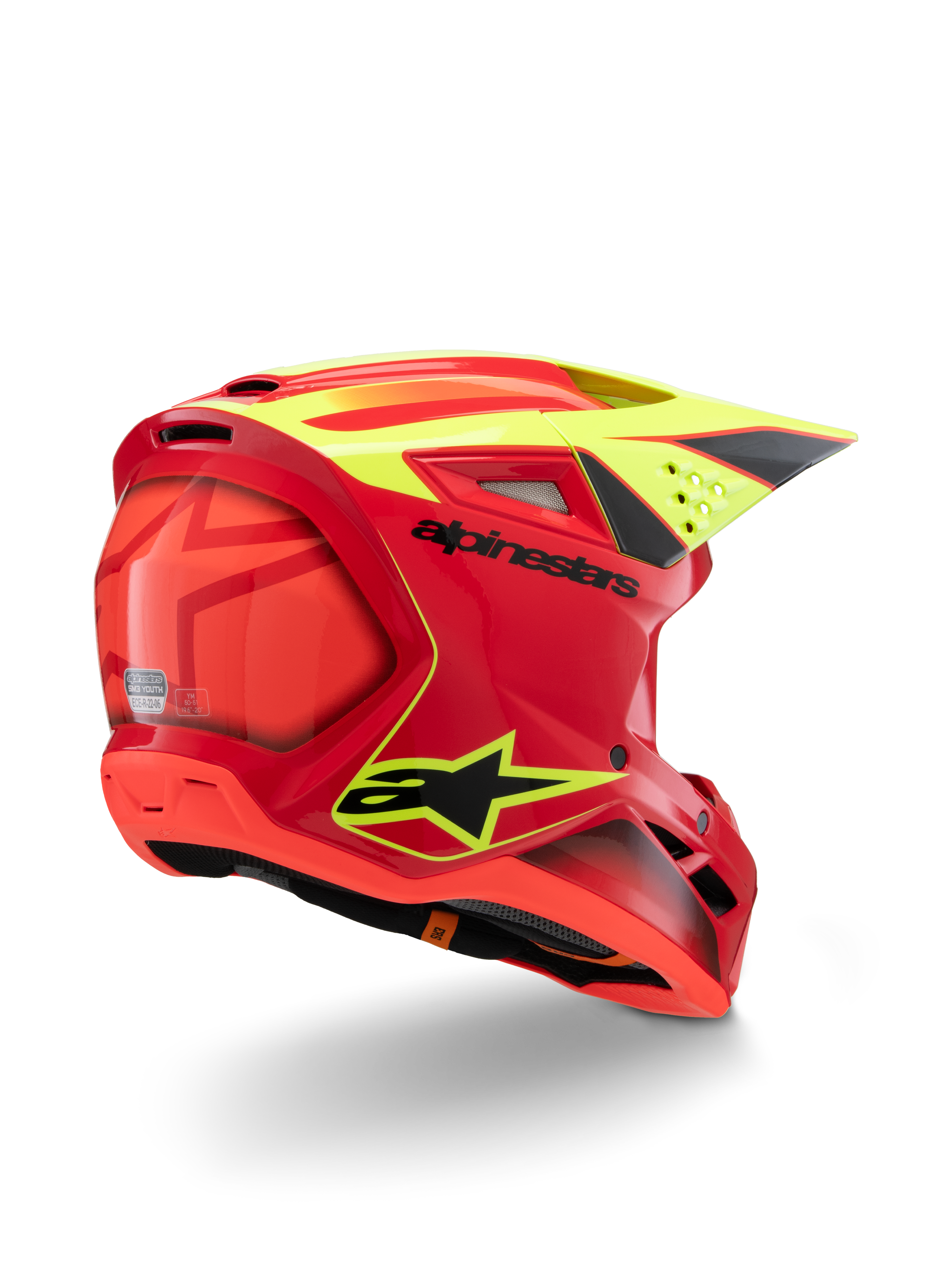 Alpinestars S-M3 Youth Fray Helmet, Red and Yellow Fluo Glossy, rear three-quarter view, featuring bold black logos and aerodynamic vents, high-visibility youth motocross helmet