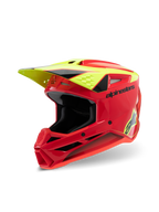 Alpinestars S-M3 Youth Fray Helmet, Motocross Helmet, Red Yellow Fluo and Black Glossy, featuring aggressive aerodynamic design, protective visor, and multiple ventilation ports for off-road performance.