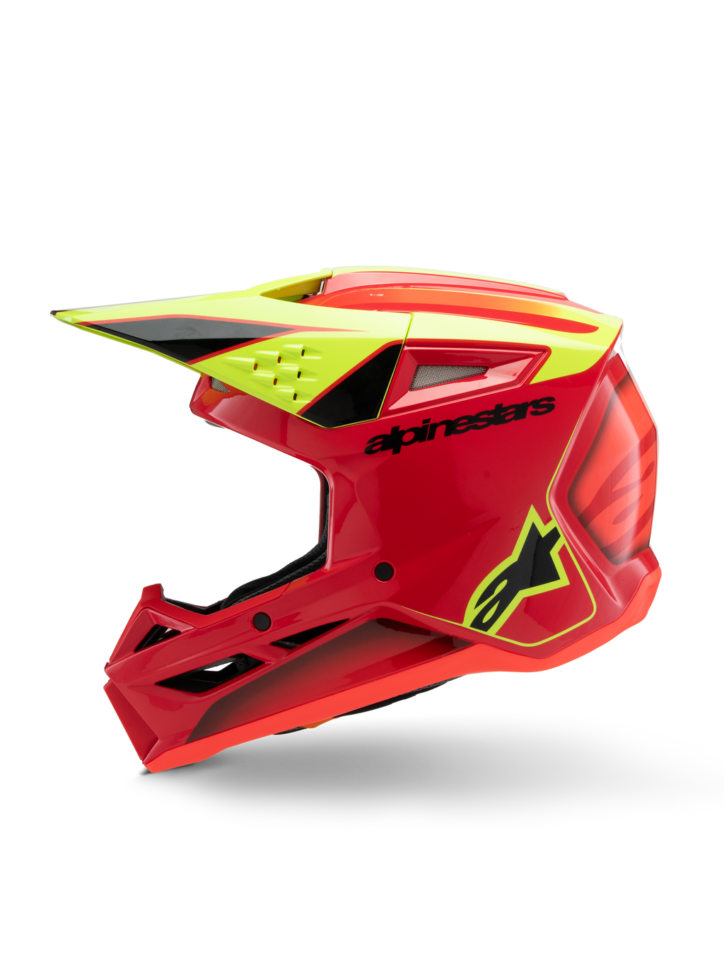 Alpinestars S-M3 Youth Fray Helmet, Motocross Helmet, Red Yellow Fluo and Black Glossy, profile view showing aerodynamic visor, ventilation inlets, and bold branding, youth off-road protective gear