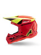 Alpinestars S-M3 Youth Fray Helmet, Motocross Helmet, Red Yellow Fluo and Black Glossy, profile view showing aerodynamic visor, ventilation inlets, and bold branding, youth off-road protective gear
