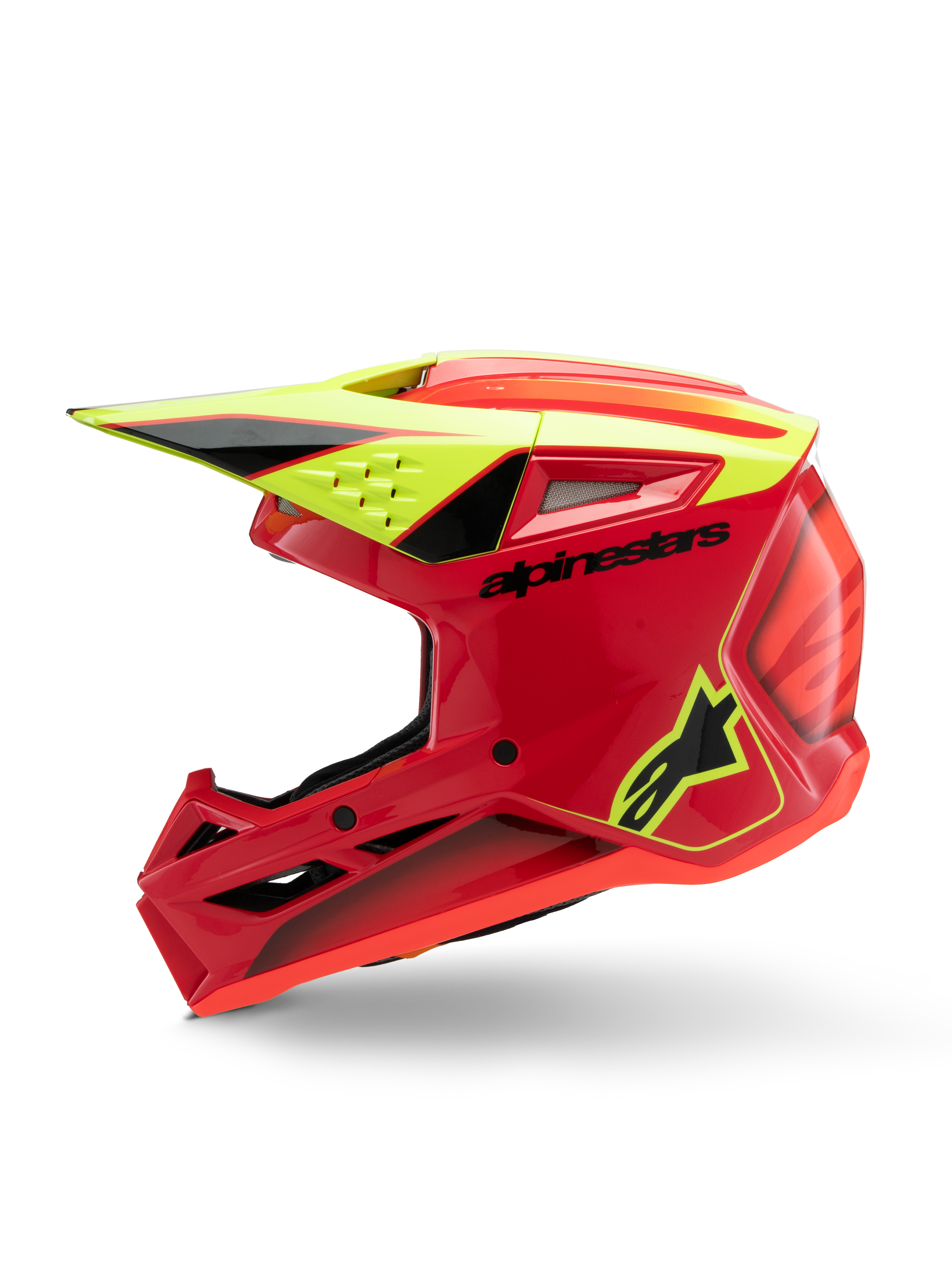 Alpinestars S-M3 Youth Fray Helmet, Motocross Helmet, Red Yellow Fluo and Black Glossy, profile view showing aerodynamic visor, ventilation inlets, and bold branding, youth off-road protective gear