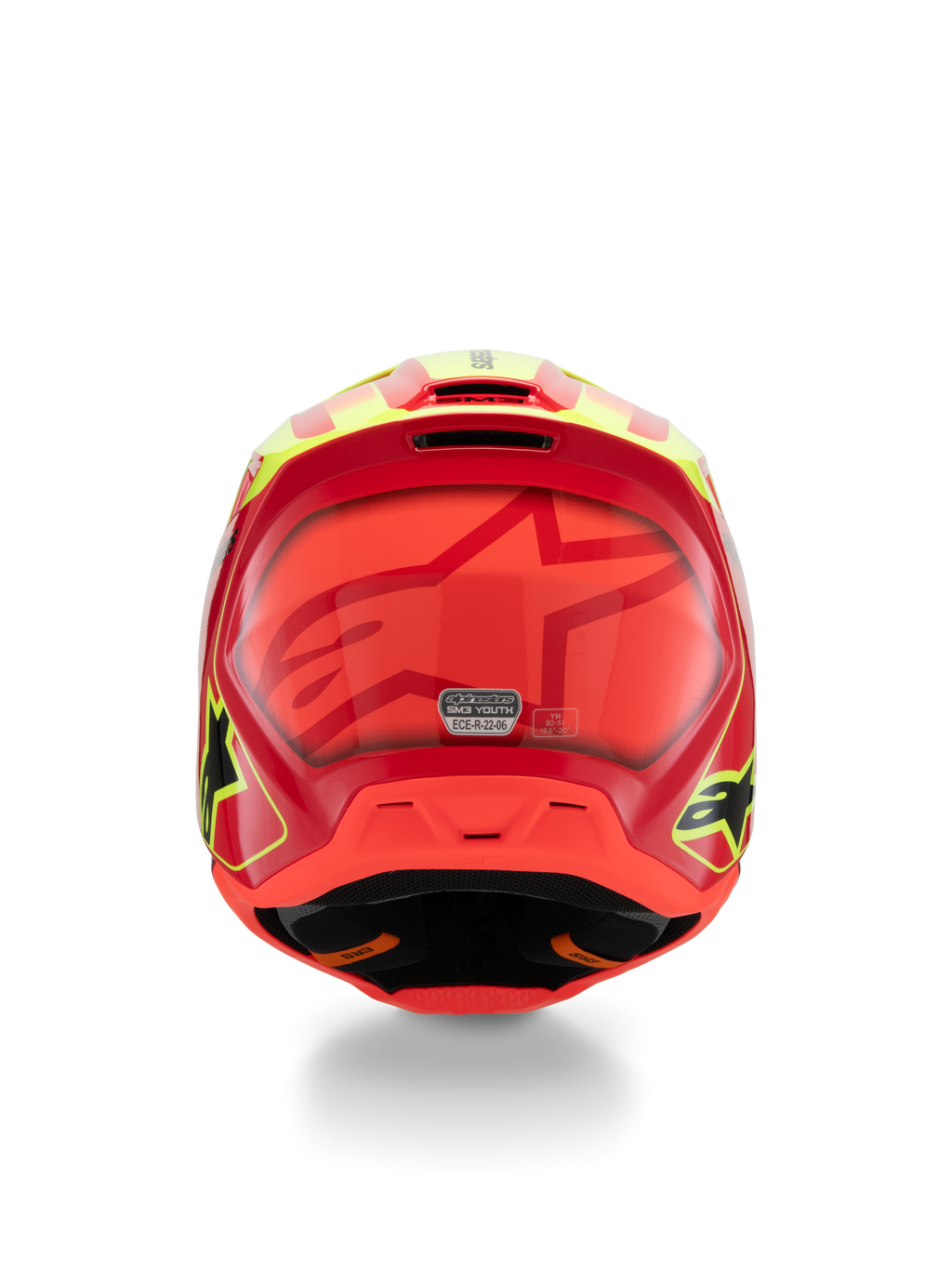 Alpinestars S-M3 Youth Fray Helmet, Motocross Helmet, Red, Yellow Fluo and Black Glossy, back view featuring a large tonal star logo, ECE 22.06 certification sticker, and aerodynamic shell design with side logos.