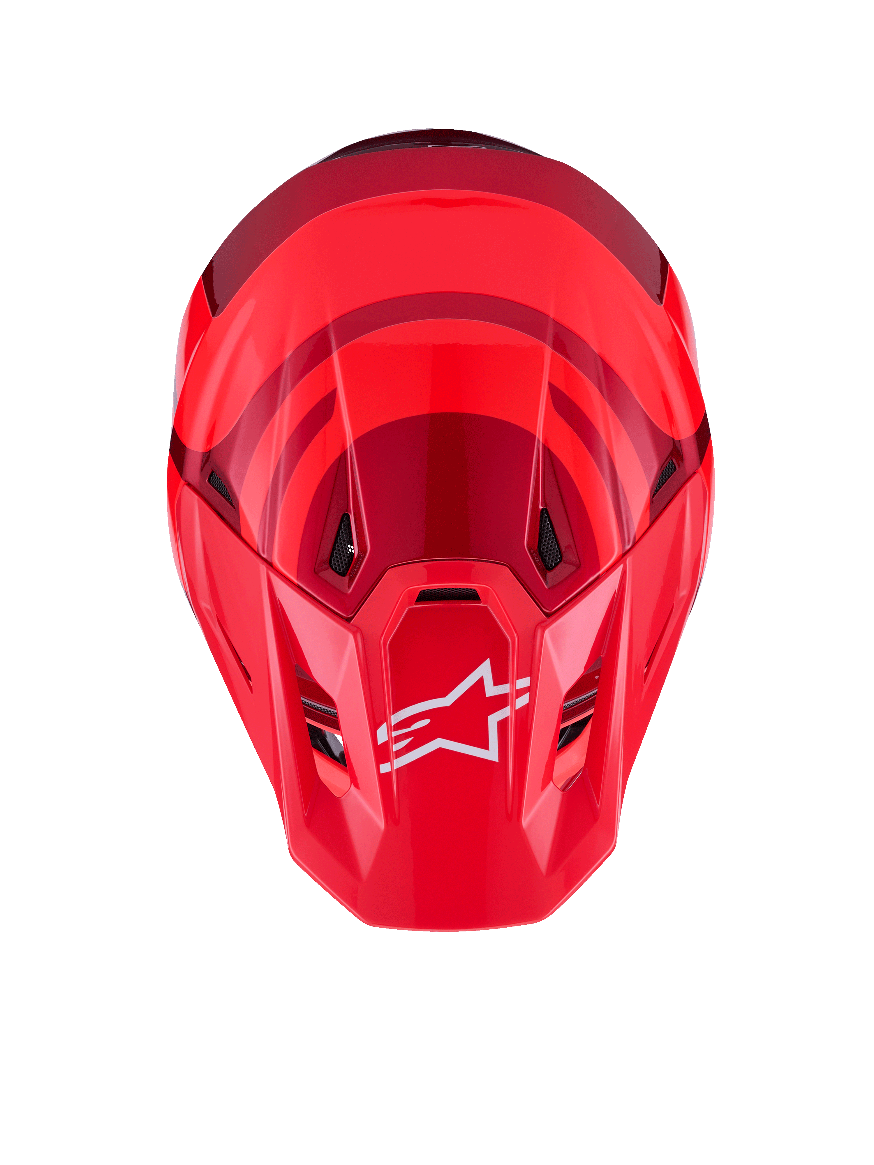 Alpinestars S-M7 Core Helmet, Red Glossy, top-down view featuring aerodynamic shell with darker red accents, white A-star logo on the visor, integrated ventilation ports, high-performance motocross protective gear