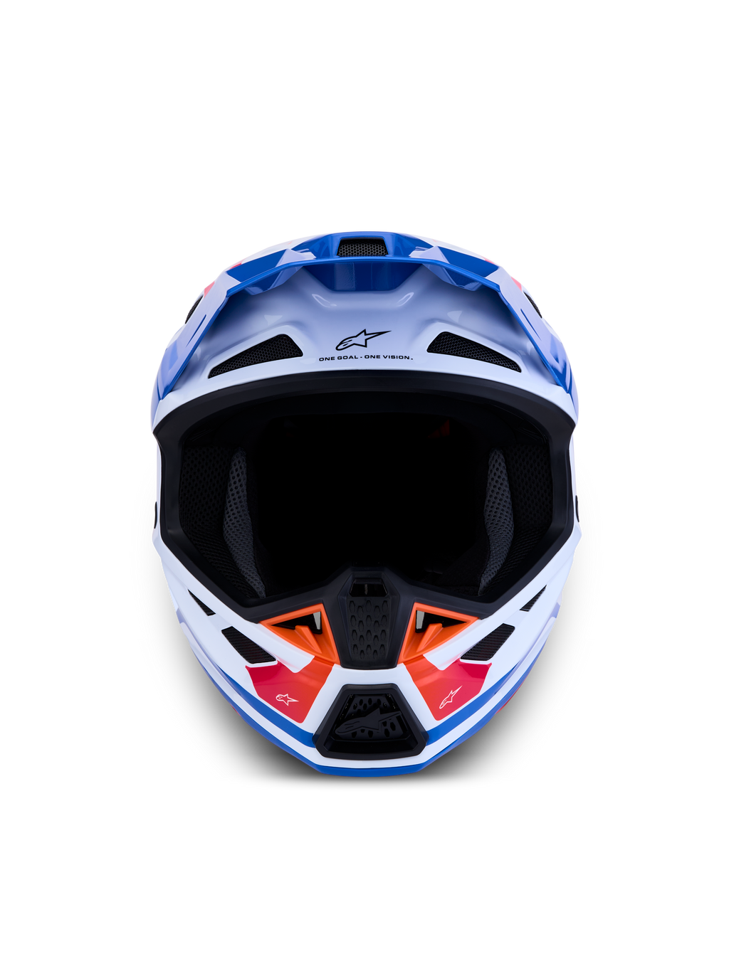 Alpinestars S-M7 Core Helmet ECE06, White and Blue Motocross Helmet with Orange accents and advanced ventilation vents.