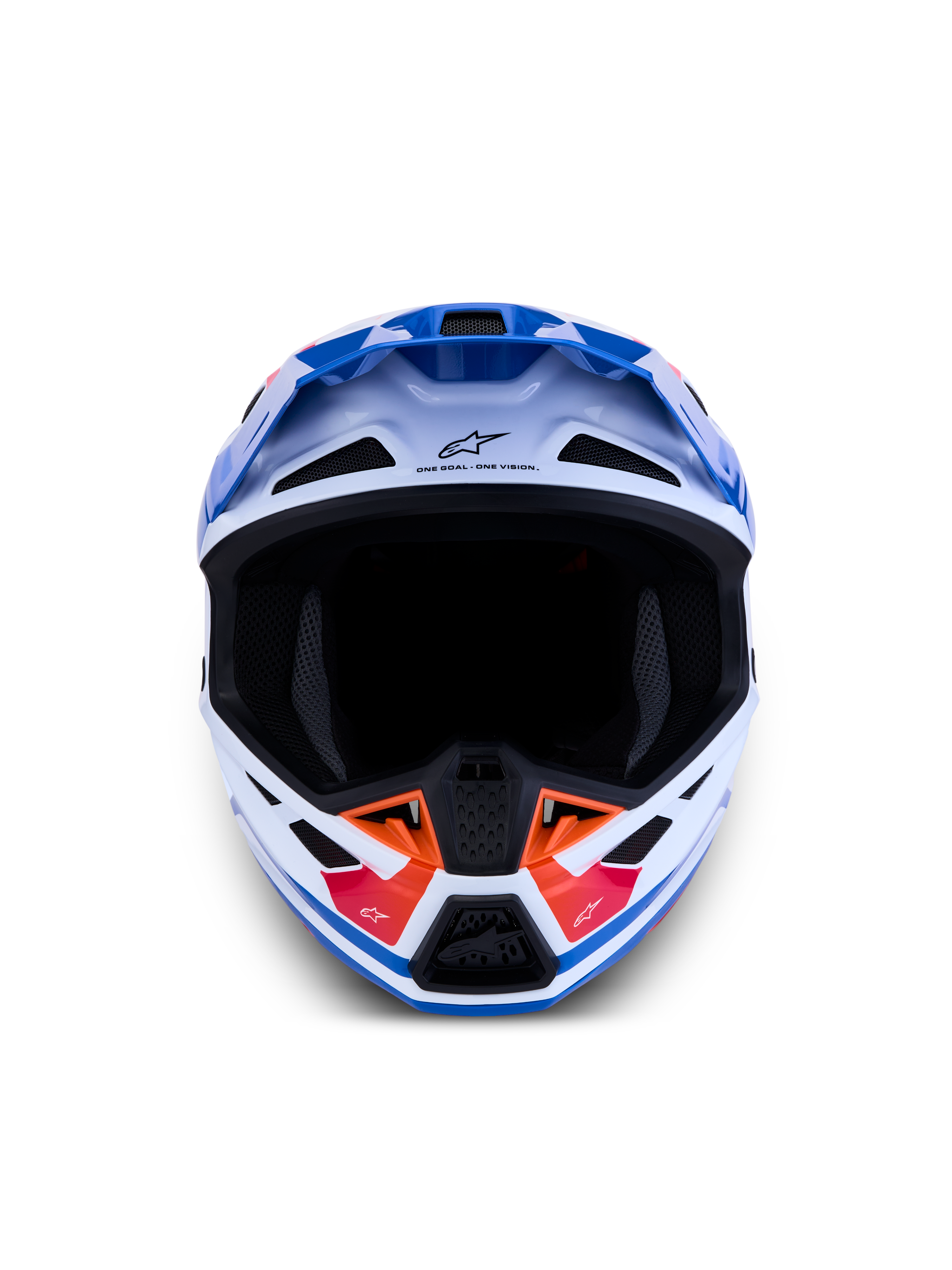 Alpinestars S-M7 Core Helmet ECE06, White and Blue Motocross Helmet with Orange accents and advanced ventilation vents.