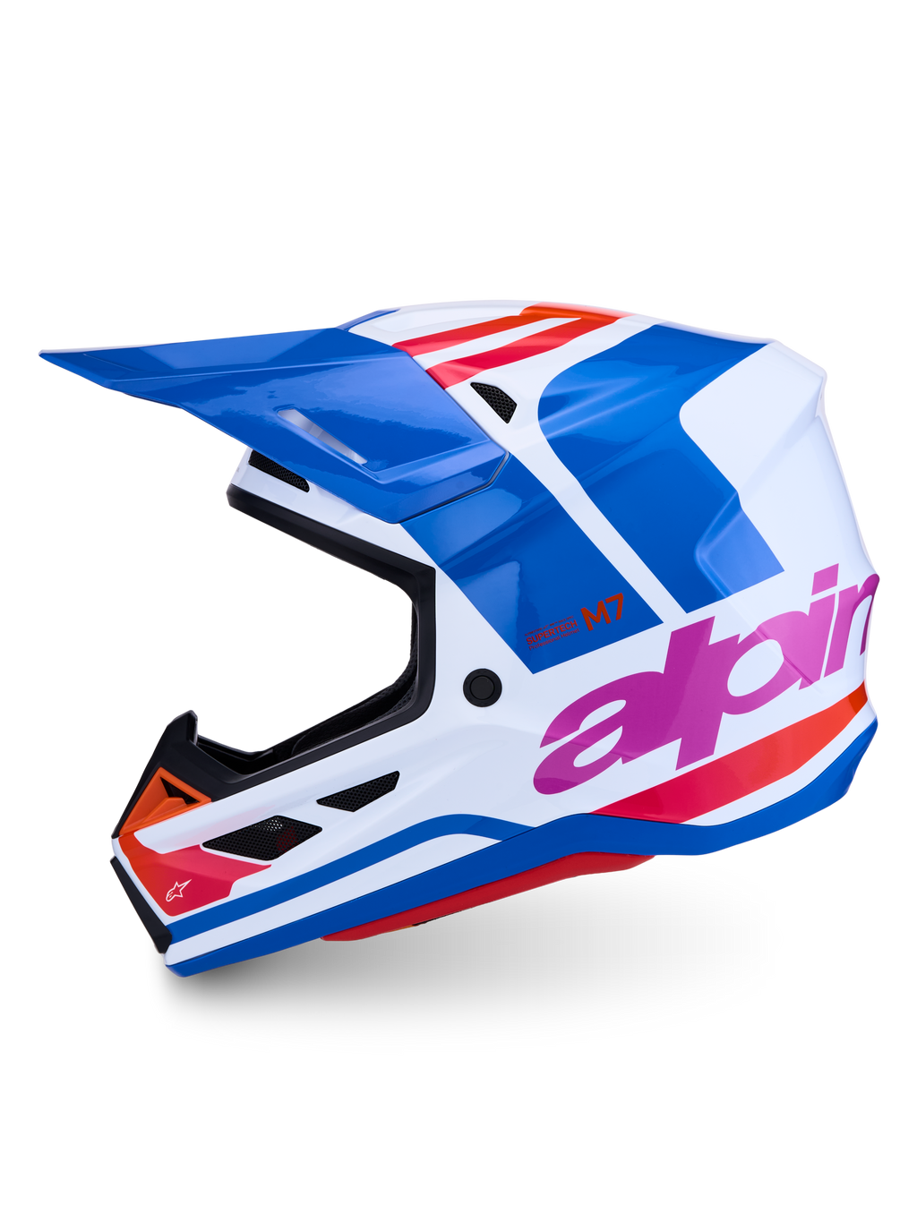 Alpinestars S-M7 Core Motocross Helmet, ECE 22.06 certified, white and blue glossy finish with pink and orange details.
