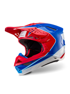 Alpinestars Supertech M10 Aeon Helmet, Motocross Helmet, Bright Red Blue Glossy, three-quarter view showing aerodynamic shell with multiple ventilation ports, white and red graphic accents, Alpinestars logo on visor and side, professional off-road racing gear