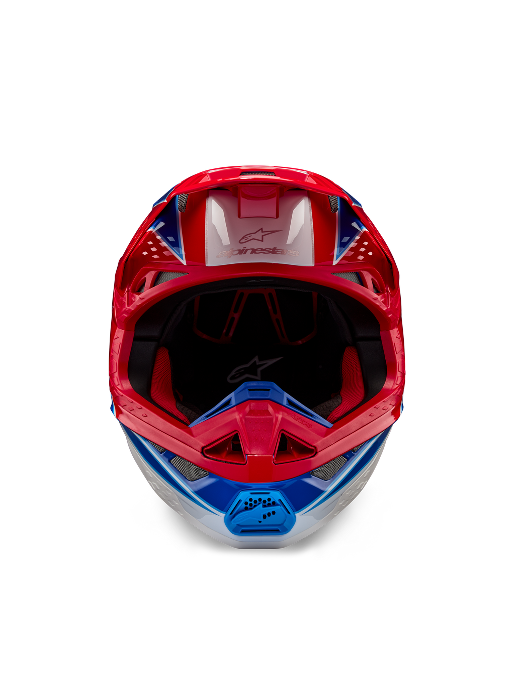 Alpinestars Supertech M10 Aeon ECE 22.06 Helmet, Motocross Helmet, Bright Red Blue Glossy, front-facing view featuring an aerodynamic shell, ventilated chin bar, and red interior padding, bold glossy finish for off-road racing.