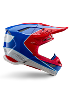 Alpinestars Supertech M10 Aeon Helmet, Motocross Racing Helmet, Bright Red, Blue and White, glossy finish, aerodynamic side profile with multiple mesh-covered air vents, angular contours and peak visor