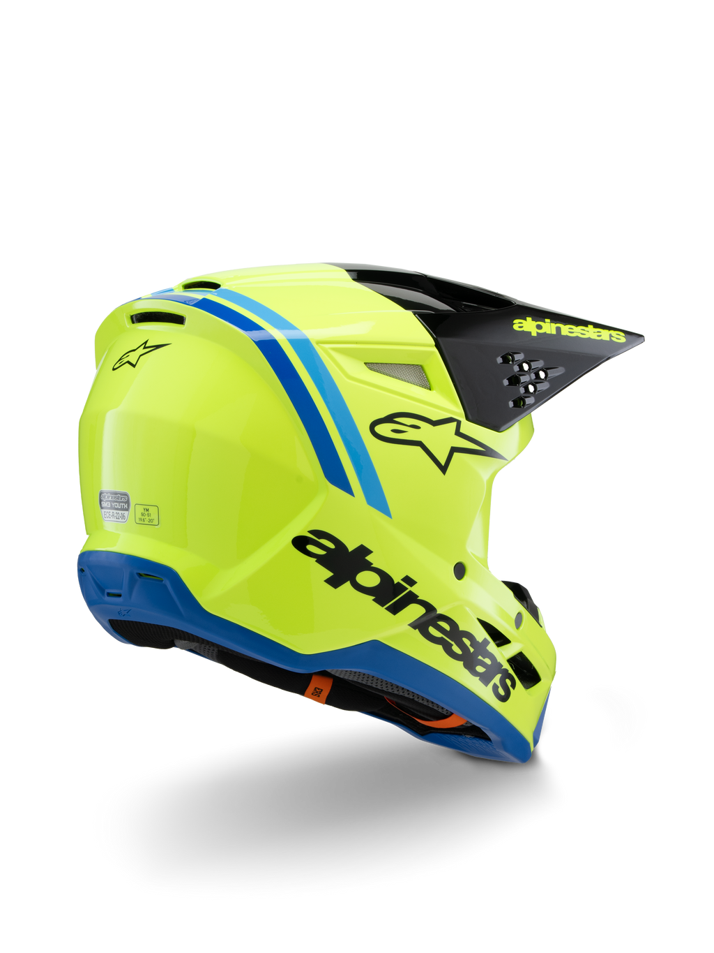 Alpinestars S-M3 Youth Radium Helmet ECE 22.06, Motocross Helmet, Yellow Fluo with Black and Blue accents, rear three-quarter view showing black visor with yellow branding and blue base trim