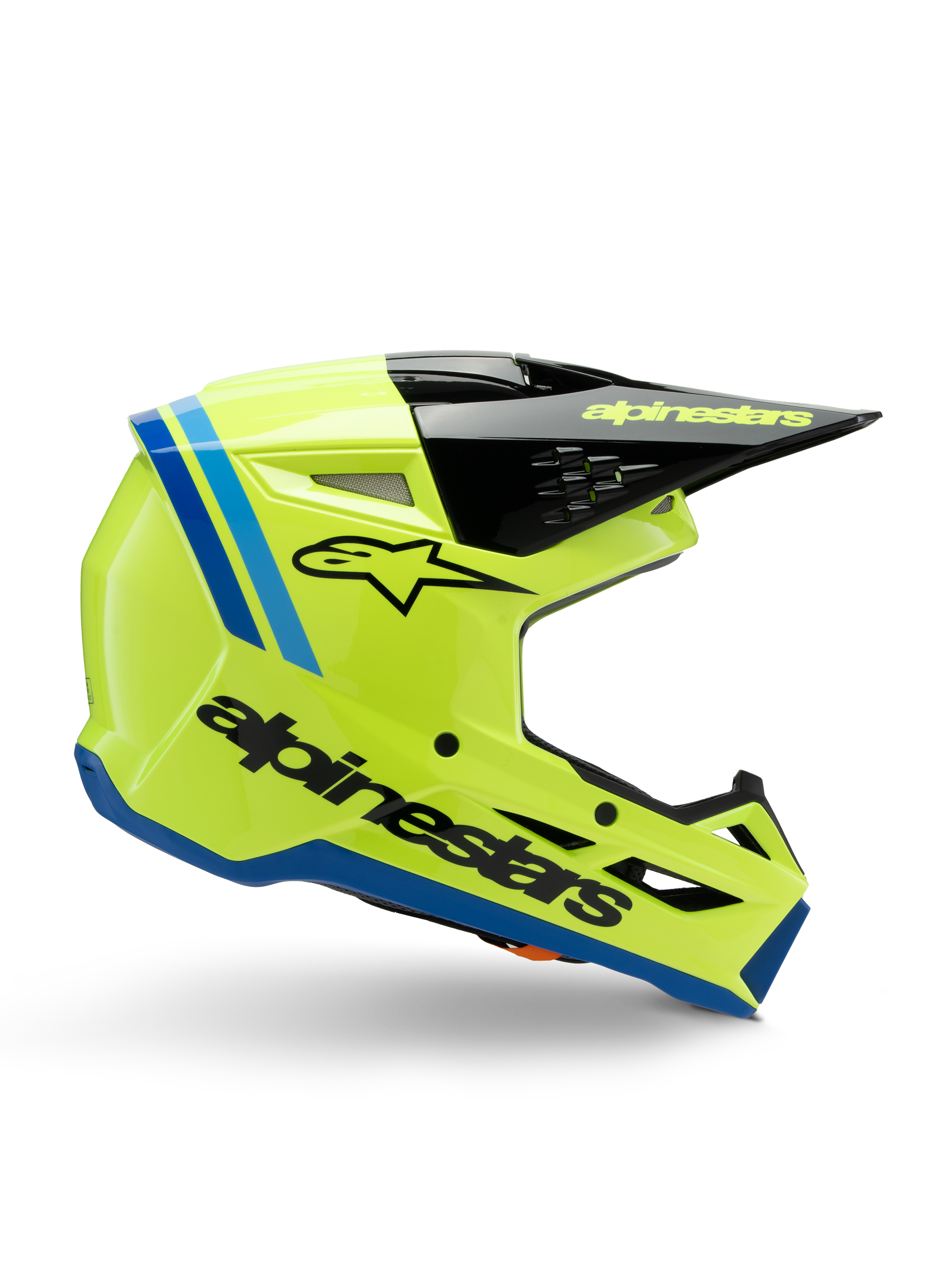 Alpinestars S-M3 Youth Radium Helmet, Motocross Youth Helmet, Bright Fluo Yellow with Black and Blue accents, side view showcasing aerodynamic design, black peak with yellow logo, bold black branding on the side, ECE 22.06 certified protection for off-road racing