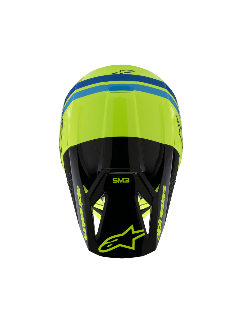 Alpinestars S-M3 Youth Radium Helmet ECE 22.06, Motocross Helmet, Yellow Fluo Black and Blue, top-down view showing aerodynamic shell, SM3 branding on the black visor, and bold Alpinestars logos