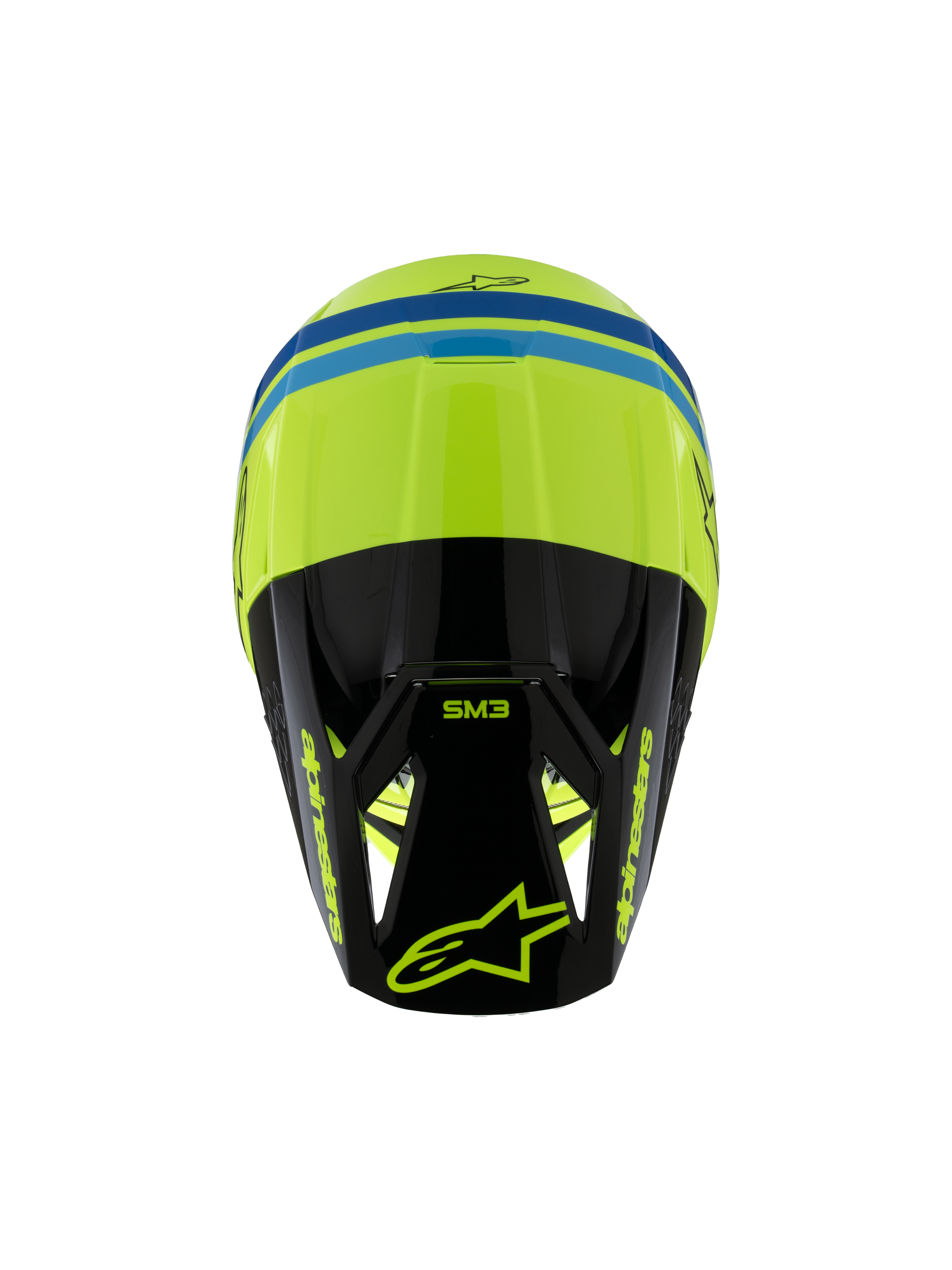 Alpinestars S-M3 Youth Radium Helmet ECE 22.06, Motocross Helmet, Yellow Fluo Black and Blue, top-down view showing aerodynamic shell, SM3 branding on the black visor, and bold Alpinestars logos