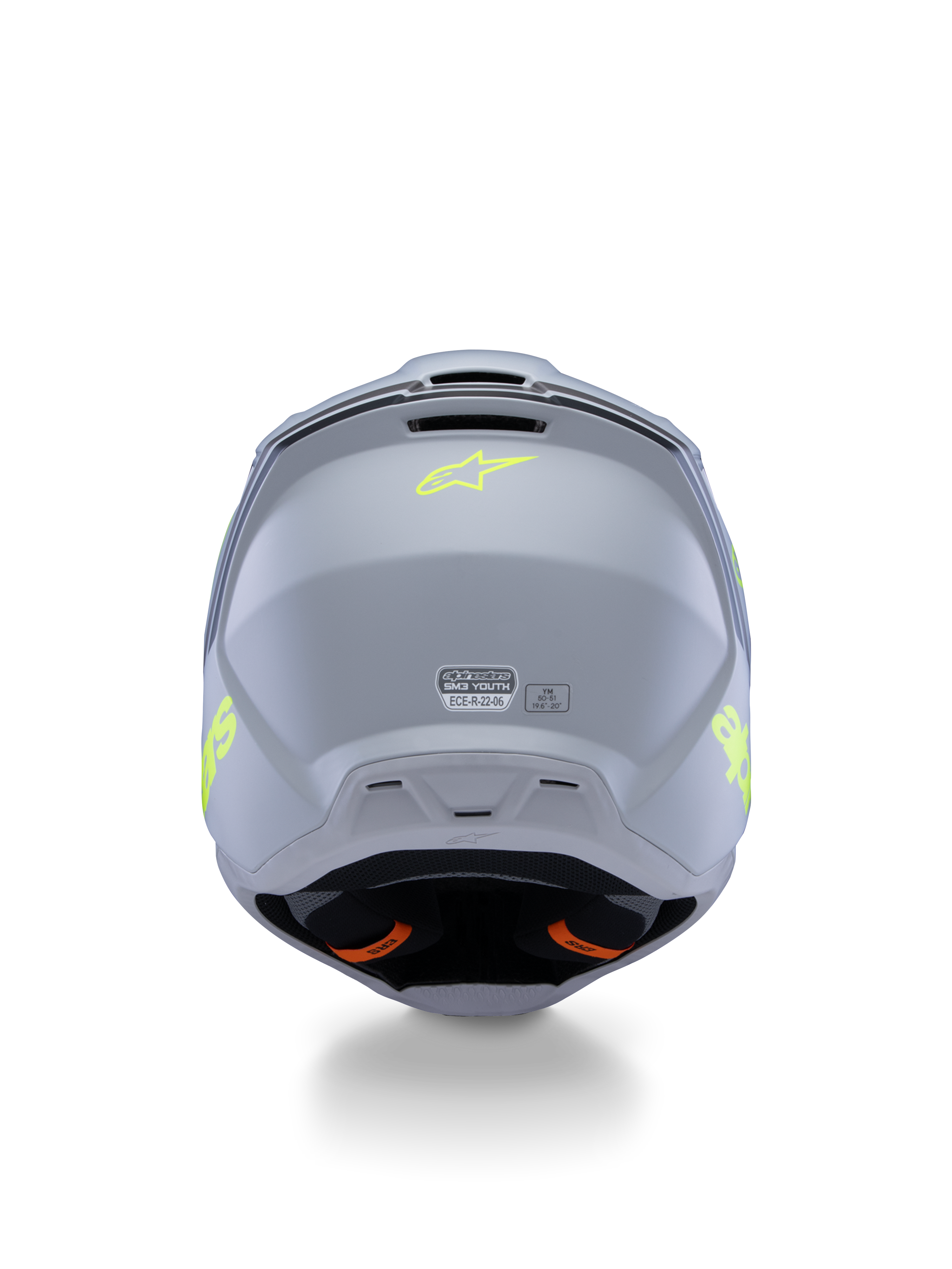 Alpinestars S-M3 Youth Radium Helmet ECE 22.06, Gray Black and Yellow Fluo Matte, rear view showing ventilation ports and certification labels, fluorescent yellow star logo, aerodynamic shell design for motocross and off-road racing