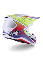 Alpinestars S-M7 Fuse Helmet, Motocross Helmet, White Yellow Fluo and Purple Glossy, vibrant multi-color gradient graphics with prominent black and white star logo, aerodynamic composite shell with integrated ventilation ports, designed for off-road racing