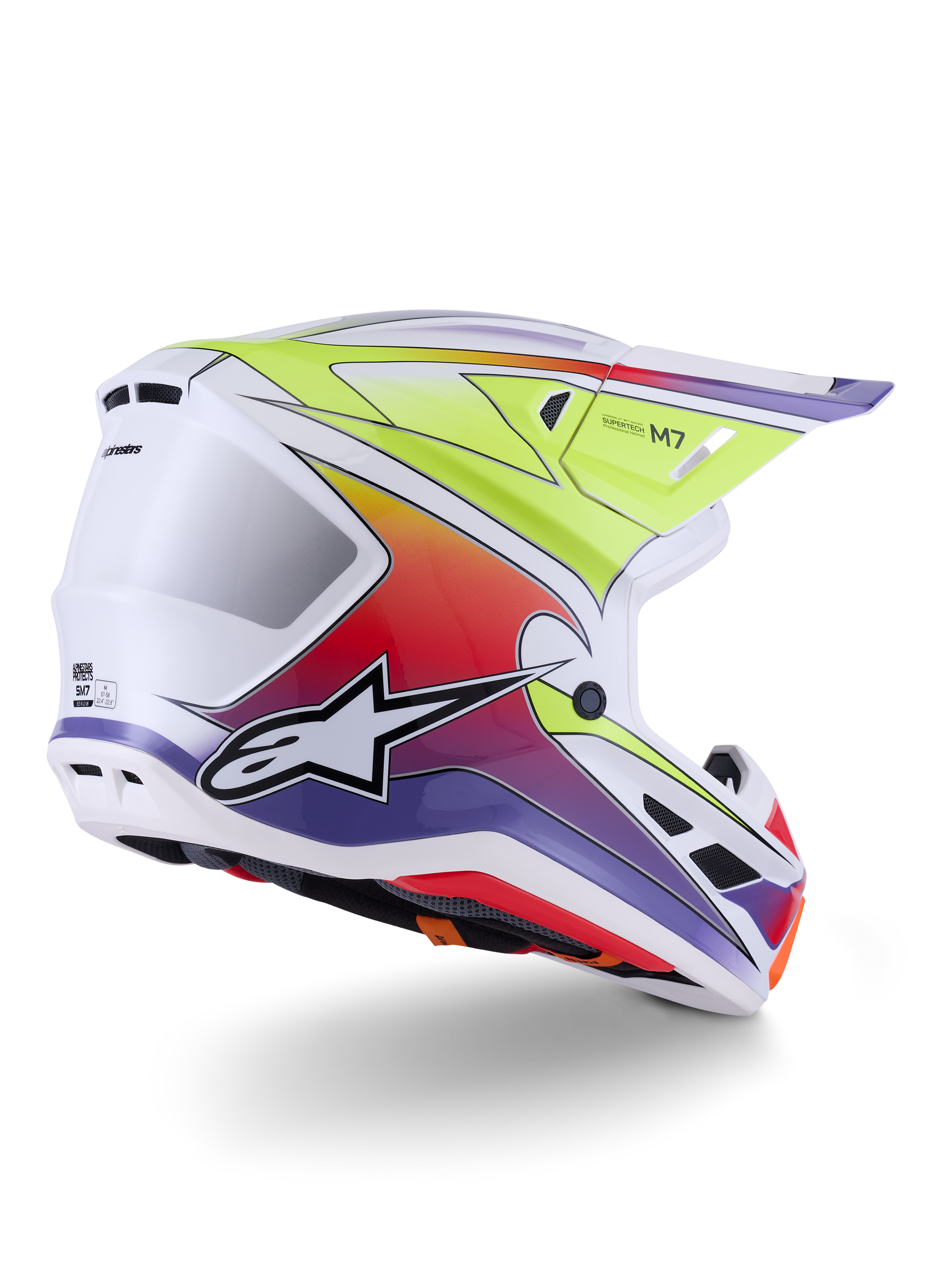 Alpinestars S-M7 Fuse Helmet, Motocross Helmet, White Yellow Fluo and Purple Glossy, vibrant multi-color gradient graphics with prominent black and white star logo, aerodynamic composite shell with integrated ventilation ports, designed for off-road racing