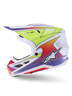 Alpinestars S-M7 Fuse Helmet, Motocross Helmet, White Yellow Fluo and Purple Glossy, side profile view showing aerodynamic shell with colorful gradient graphics, black ventilation ports, and white Alpinestars logo, high-performance off-road racing gear.