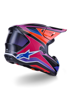 Alpinestars S-M7 Fuse Helmet, Motocross Helmet, Blue Purple and Pink Glossy finish with orange and black accents, rear three-quarter view showing the aerodynamic shell, visor, and ventilation ports, professional off-road racing protection