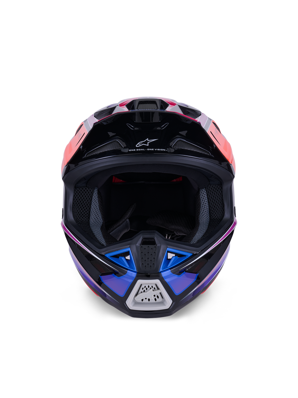Alpinestars S-M7 Fuse Helmet, Motocross Helmet, Blue Purple and Pink Glossy, front view showing the eye port and ventilated chin bar, featuring black accents and Alpinestars branding, aerodynamic off-road racing design