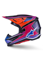 Alpinestars S-M7 Fuse Helmet, Motocross Helmet, Blue Purple Pink and Orange Glossy, vibrant multi-colored graphic design with blue Alpinestars logo, aerodynamic composite shell with protective visor and ventilation ports, professional off-road racing gear