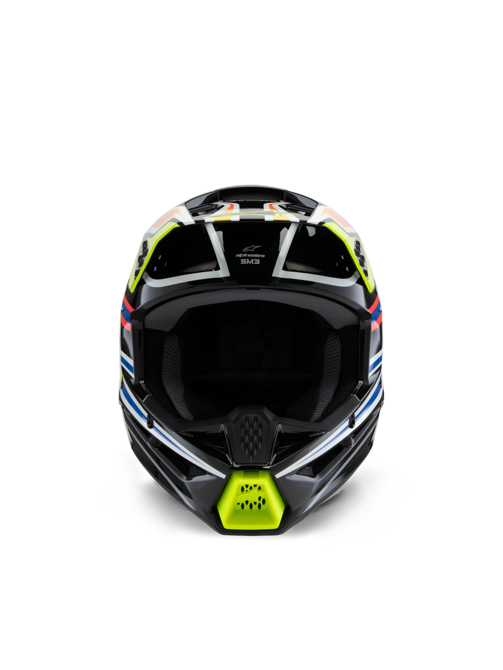 Alpinestars S-M3 Youth Wurx Helmet, Front View, Black with Fluorescent Yellow, Blue, and Red Accents, Youth Motocross Protective Gear, featuring a black base with vibrant geometric graphics, integrated ventilation ports, and a yellow chin guard, off-road racing style