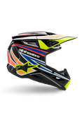 Alpinestars S-M3 Youth Wurx Helmet, Youth Motocross Helmet, Black with yellow, blue, red, and orange graphic stripes, side profile with aerodynamic visor and glossy finish, featuring white Alpinestars logo and yellow star graphic