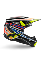 Alpinestars S-M3 Youth Wurx Helmet, Youth Motocross Helmet, Black with yellow, blue, red, and orange graphic stripes, side profile with aerodynamic visor and glossy finish, featuring white Alpinestars logo and yellow star graphic