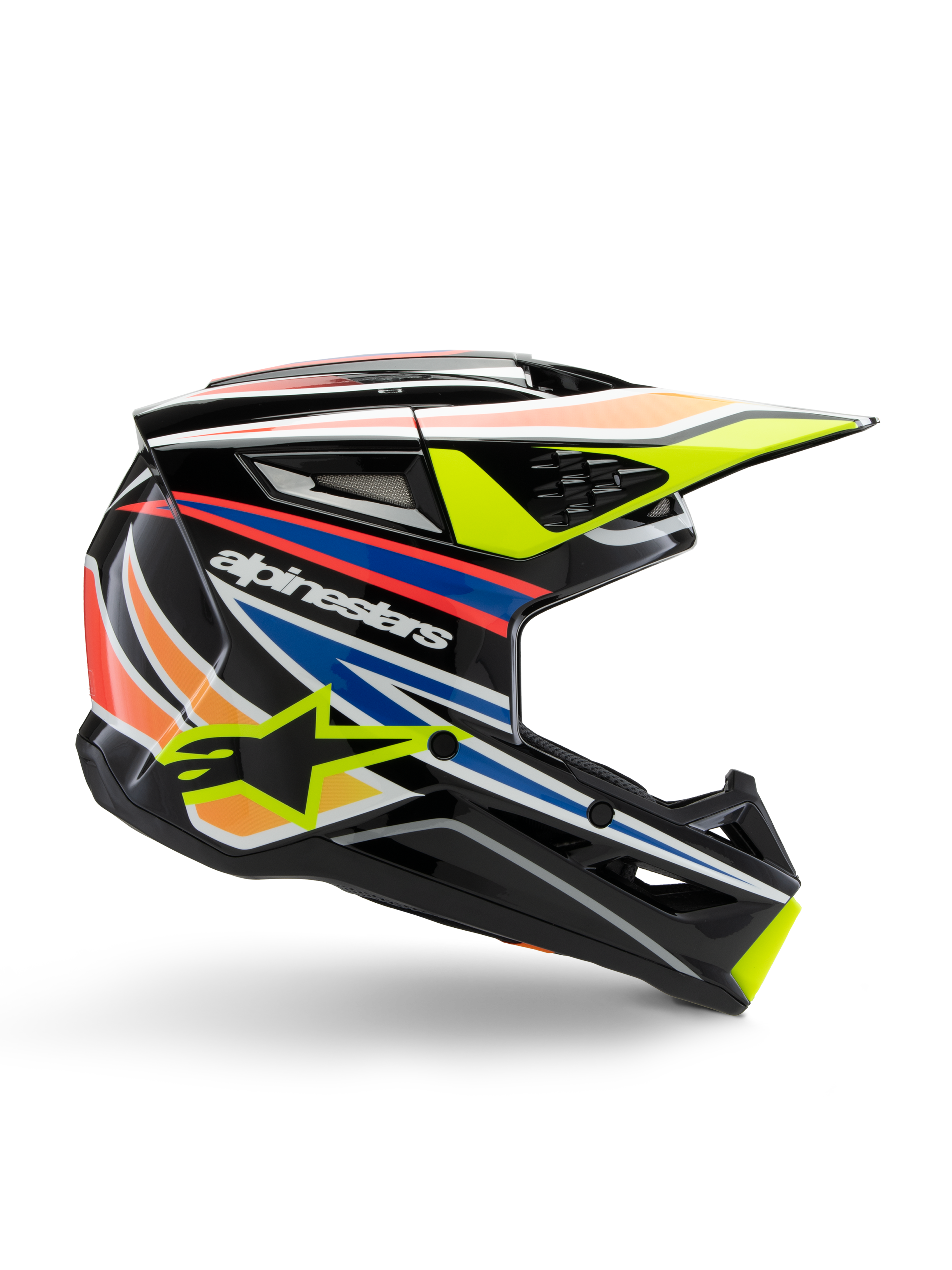 Alpinestars S-M3 Youth Wurx Helmet, Youth Motocross Helmet, Black with yellow, blue, red, and orange graphic stripes, side profile with aerodynamic visor and glossy finish, featuring white Alpinestars logo and yellow star graphic
