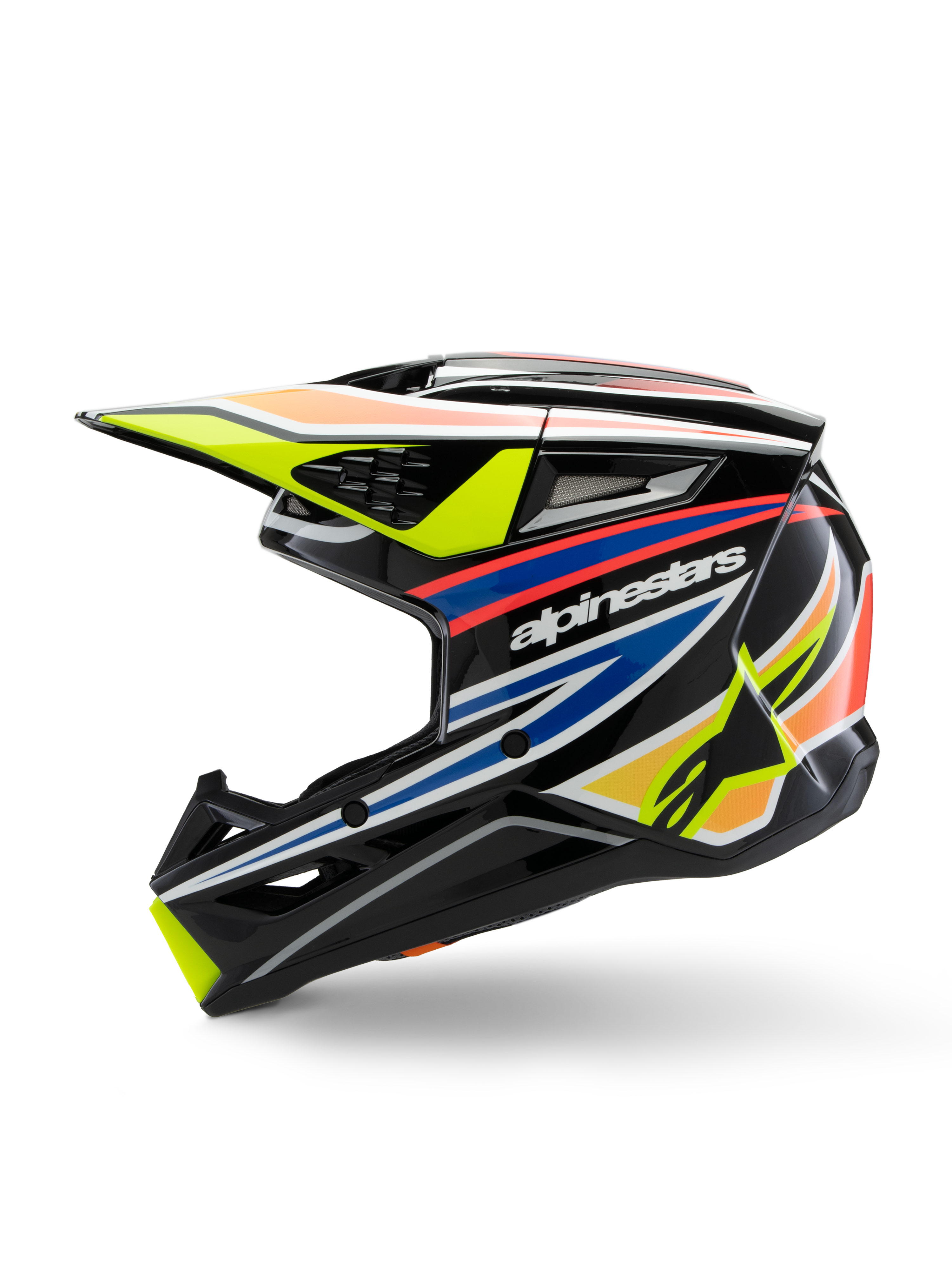 Alpinestars S-M3 Youth Wurx Helmet, Motocross Helmet, Black with vibrant yellow, blue, and red graphics, profile view featuring bold Alpinestars branding, aerodynamic shell with multiple ventilation ports and a yellow peak.