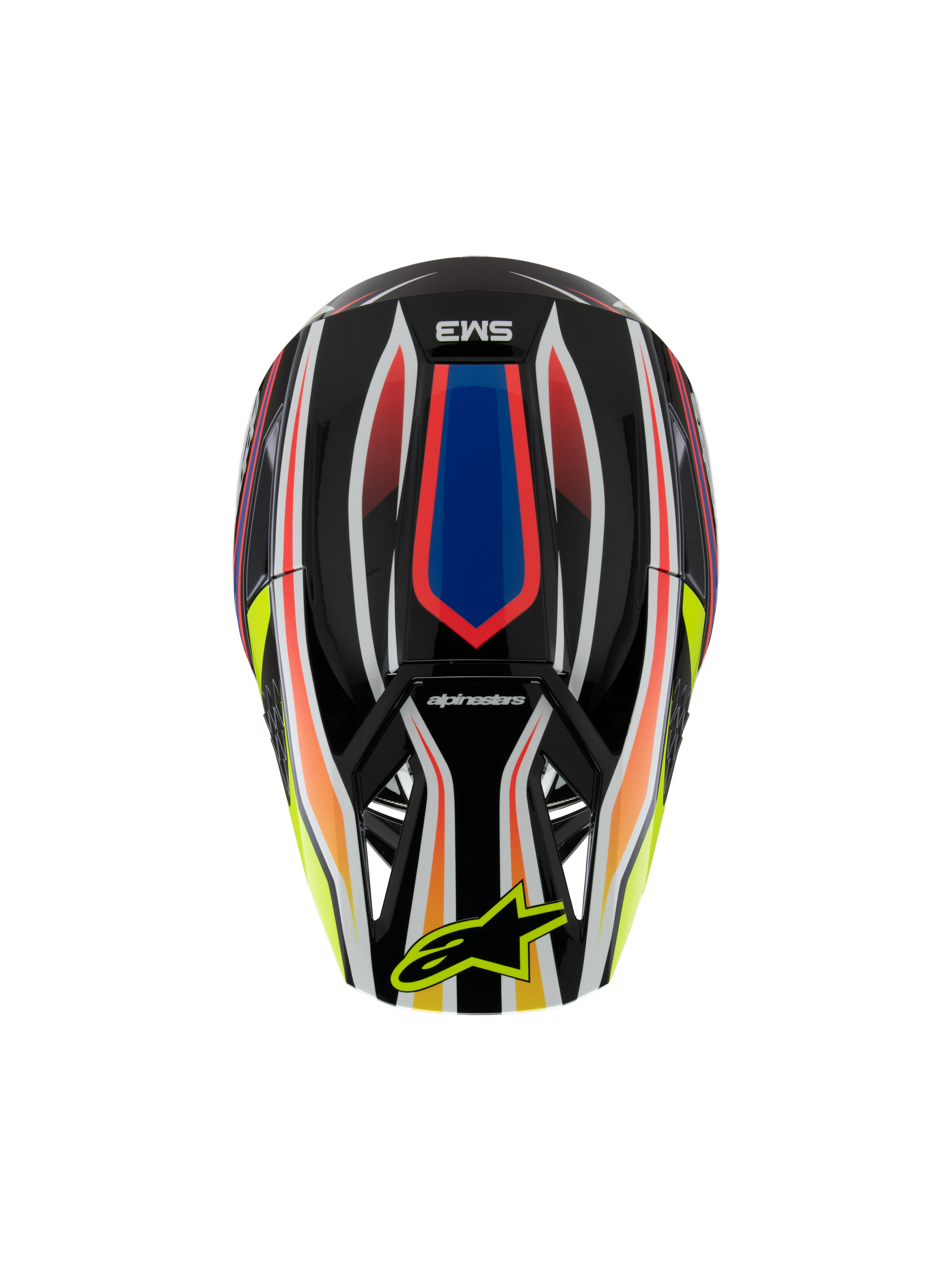 Alpinestars S-M3 Youth Wurx Helmet ECE 22.06, Motocross Helmet, Black with vibrant Red, Blue, and Yellow graphics, top view featuring SM3 logo and yellow Alpinestars logo on the visor, off-road protective gear