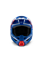 Alpinestars S-M3 Youth Wurx Helmet ECE 22.06, Motocross Helmet, Blue Red White and Black Glossy, front-facing view, featuring aerodynamic shell, ventilation ports, and bright red chin guard intake, designed for youth off-road racing