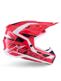 Alpinestars S-M7 Deed Helmet, Motocross Helmet, Red Black and White Glossy, side profile view, featuring bold Alpinestars branding and SM7 logo, aerodynamic composite shell with multiple ventilation ports, designed for off-road and motocross racing